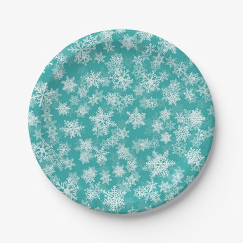 Teal  White Snowflakes Winter Wonderland Holiday Paper Plates