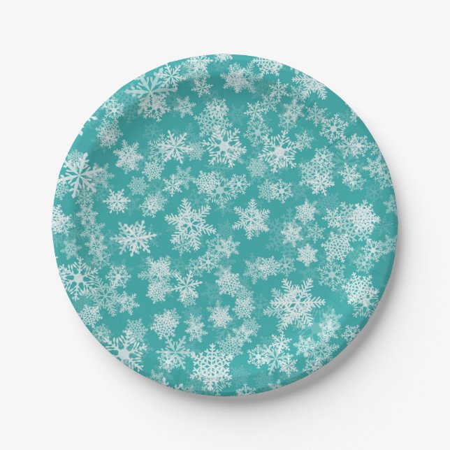 Teal & White Snowflakes Winter Wonderland Holiday Paper Plates (Front)