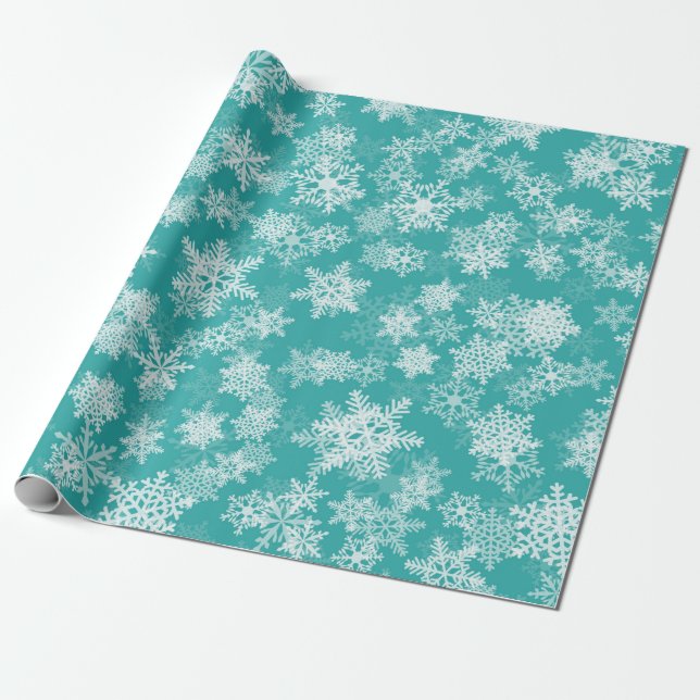 Teal & White Snowflakes Winter Wonderland Holiday Wrapping Paper (Unrolled)