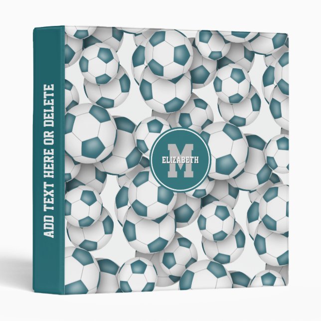 teal white soccer balls pattern sports scrapbook 3 ring binder (Front/Spine)