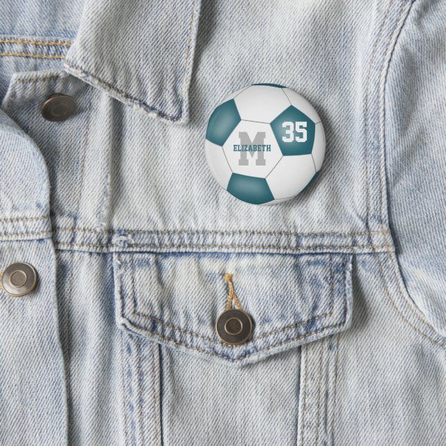 Teal white soccer team colors personalized button (In Situ)