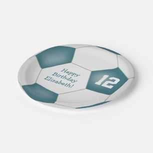 teal white soccer themed birthday party paper plates