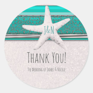 Teal & White Sparkle Starfish Beach Wedding Favor Classic Round Sticker