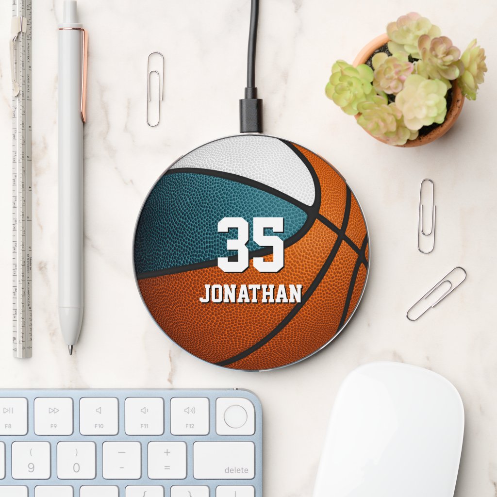 teal white sports team colors kids basketball wireless charger