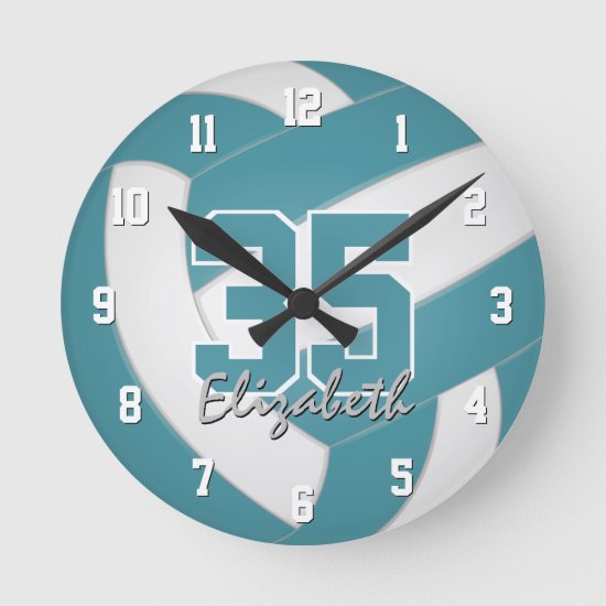 teal white sporty personalized volleyball round clock