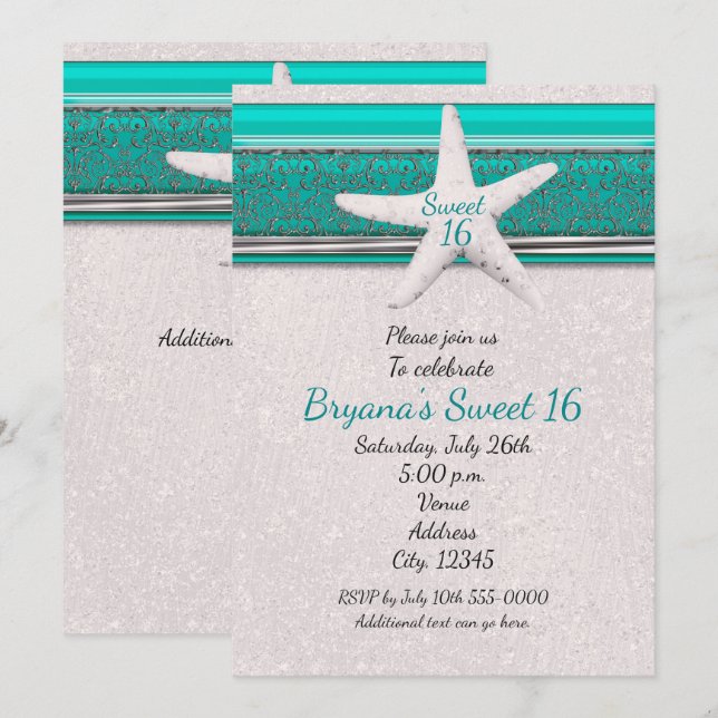 Teal & White Starfish Beach Sweet 16 Invitations (Front/Back)