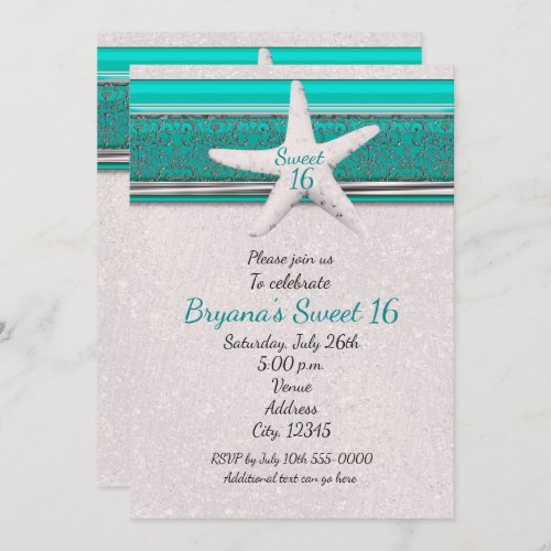 Teal  White Starfish Beach Sweet 16 Invitations