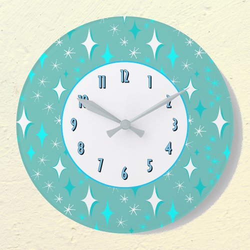 Teal White Stars Pattern Retro Kitchen Wall Clock