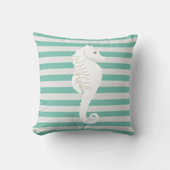 Teal White Stripe Nautical Pillow with Sea Horse (Front)