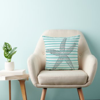 Teal White Stripe Starfish Throw Pillow by Lovewhatwedo at Zazzle
