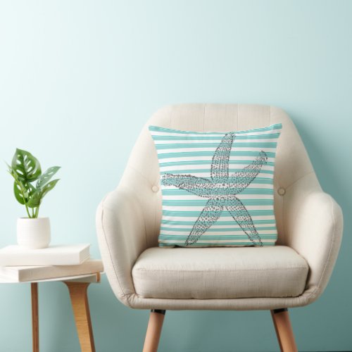 Teal White Stripe Starfish Throw Pillow