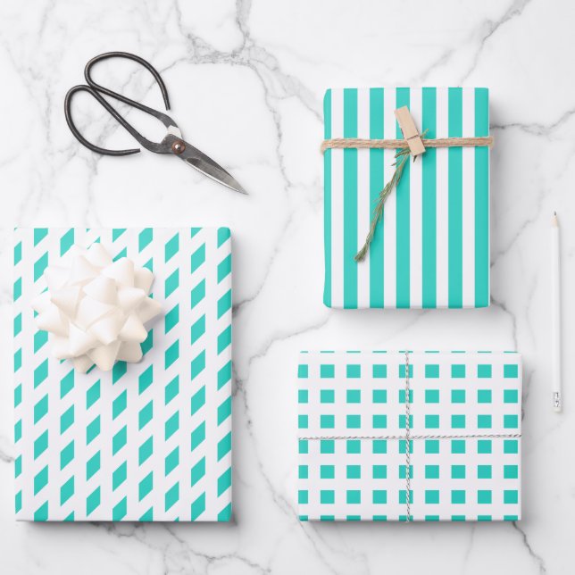 Teal white stripes check diamond geometric pattern wrapping paper sheets (Front)