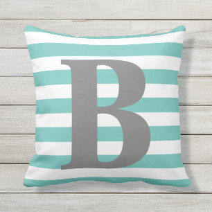 Teal White Stripes Monogram Initial Square Outdoor Pillow