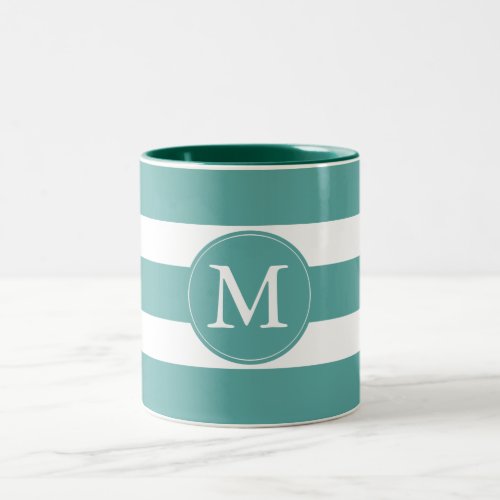 Teal White Stripes Monogram Two_Tone Coffee Mug