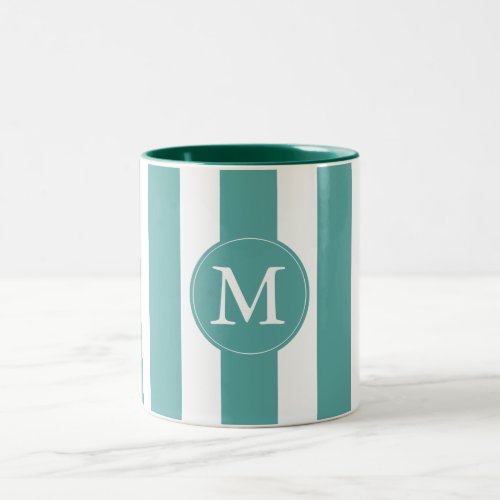 Teal White Stripes Monogram Two_Tone Coffee Mug