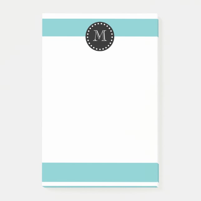 Teal White Stripes Pattern, Black Monogram Post-it Notes (Front)