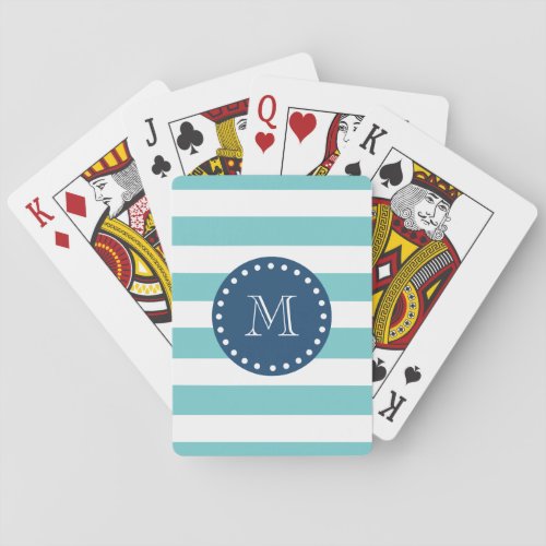 Teal White Stripes Pattern Navy Blue Monogram Poker Cards