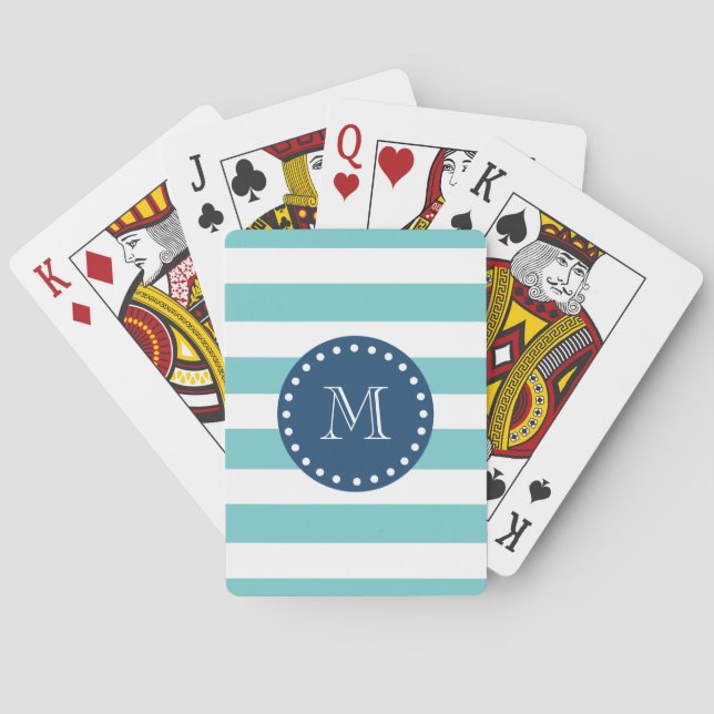 Teal White Stripes Pattern, Navy Blue Monogram Poker Cards (Back)