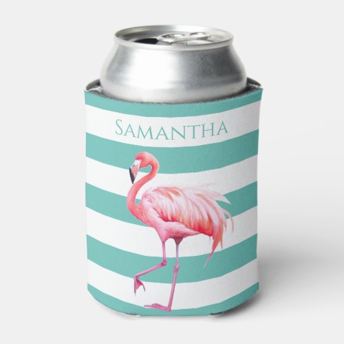 Teal White Stripes Pink Flamingo Personalized Name Can Cooler