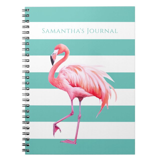 Teal White Stripes Pink Flamingo Personalized Name Notebook (Front)