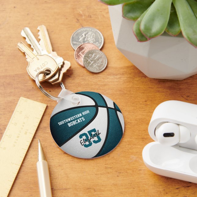teal white team colors basketball sports gifts keychain (Desk)