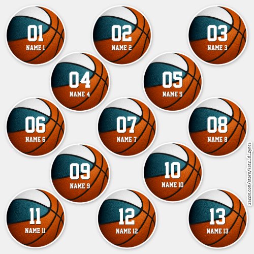 teal white team colors gifts set of 13 basketball sticker