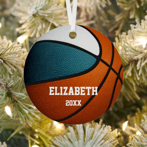 teal white team colors girls boys basketball metal ornament