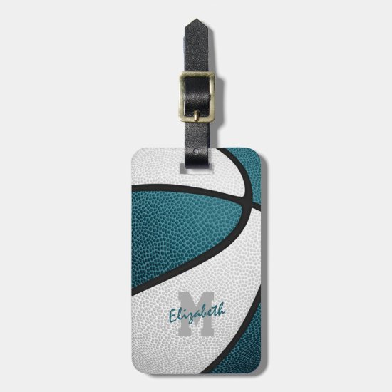 teal white team colors personalized basketball luggage tag