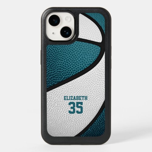 teal white team colors personalized basketball OtterBox iPhone 14 case