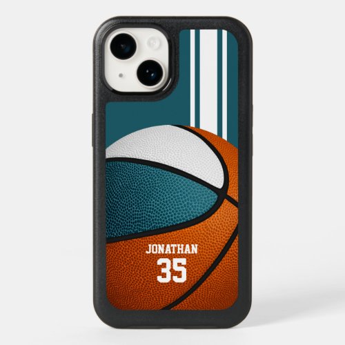teal white team colors varsity stripes basketball OtterBox iPhone 14 case