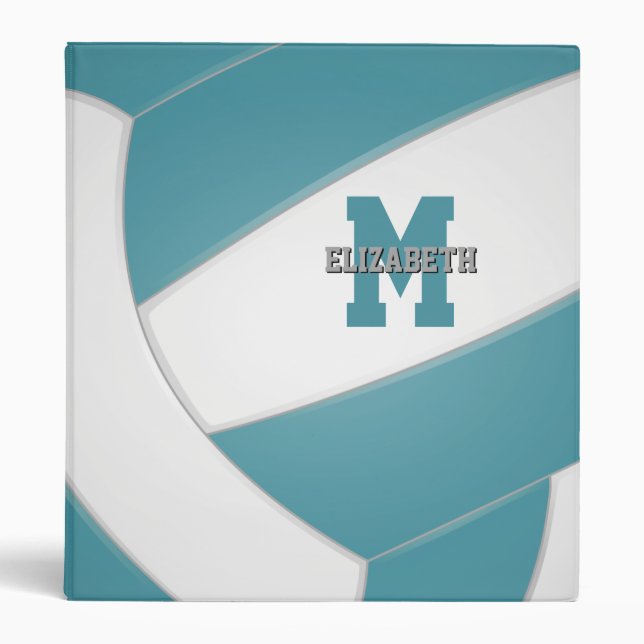 teal white team sports girls boys volleyball 3 ring binder (Front)