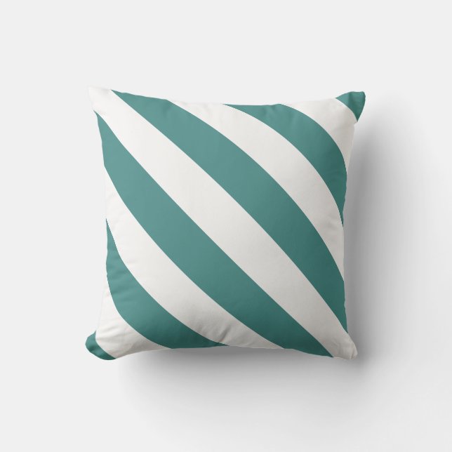 Teal & White Thick Diagonal Stripes Throw Pillow (Front)