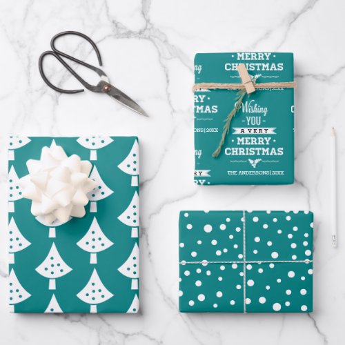 Teal white trees snowflakes and wishes Christmas Wrapping Paper Sheets