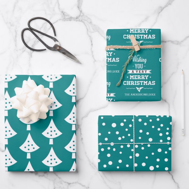 Teal white trees snowflakes and wishes Christmas Wrapping Paper Sheets (Front)