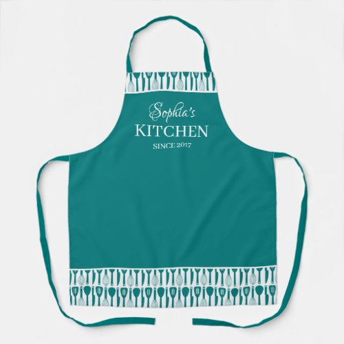 Teal White Utensils Elegant Your Names Kitchen Apron