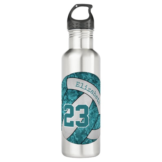 teal white volleyball girls name number stainless steel water bottle