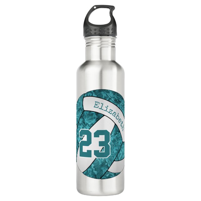 teal white volleyball girls name number stainless steel water bottle (Front)