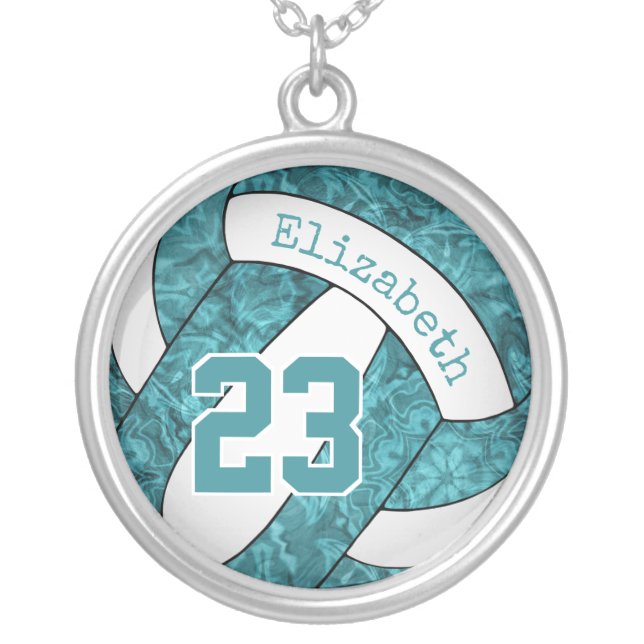 teal white volleyball girls' sports gifts silver plated necklace (Front)