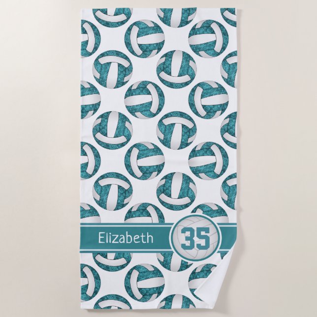 teal white volleyball sporty girls personalized beach towel (Front)