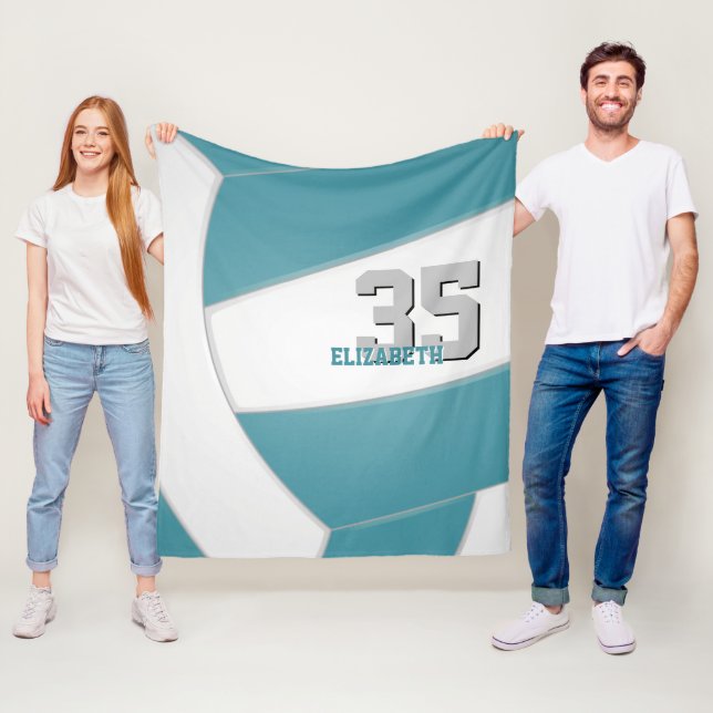 teal white volleyball team colors custom name fleece blanket (In Situ)