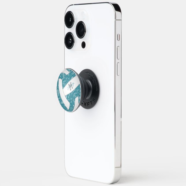 Teal white volleyball w boho feathers paislies PopSocket (Open)