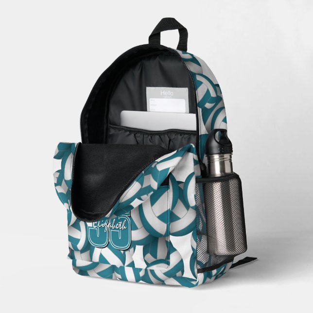 Teal white volleyballs pattern team colors  printed backpack (Back Corner Right (Open))
