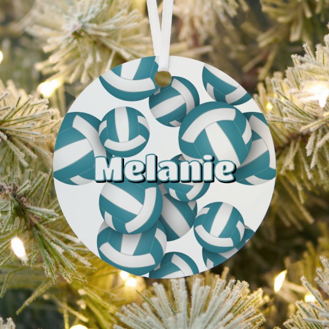 teal white volleyballs w athlete name keepsake metal ornament (Insitu)