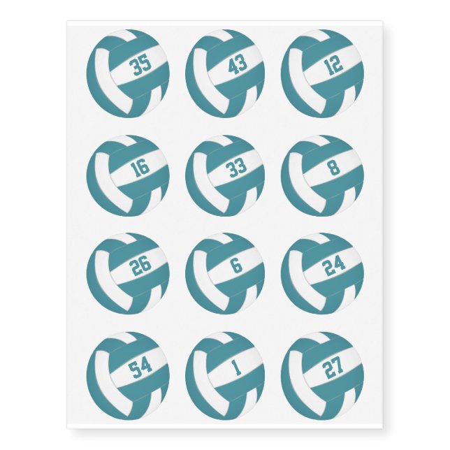 teal white volleyballs w jersey numbers set of 12 temporary tattoos (Front)