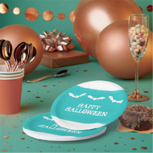 Teal White Watercolor Bats Halloween Paper Plates