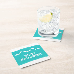 Teal White Watercolor Bats Halloween Square Paper Coaster