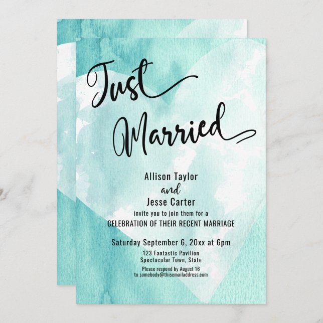 Teal White Watercolor Heart Just Married Script Invitation (Front/Back)