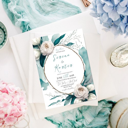 Teal White Watercolor Peony Floral Oval Wedding Invitation