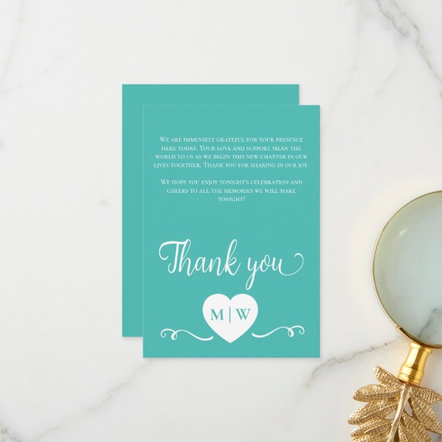 Teal White Wedding heart initials Thank you Card (Front/Back In Situ)