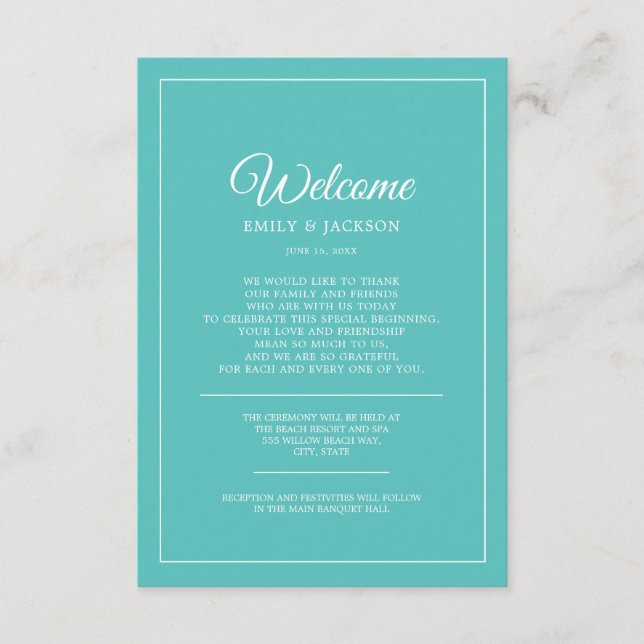Teal White Wedding Welcome Enclosure Card (Front)